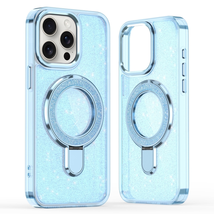 

For iPhone 16 Pro Glitter Ring Holder MagSafe Phone Case(Blue)