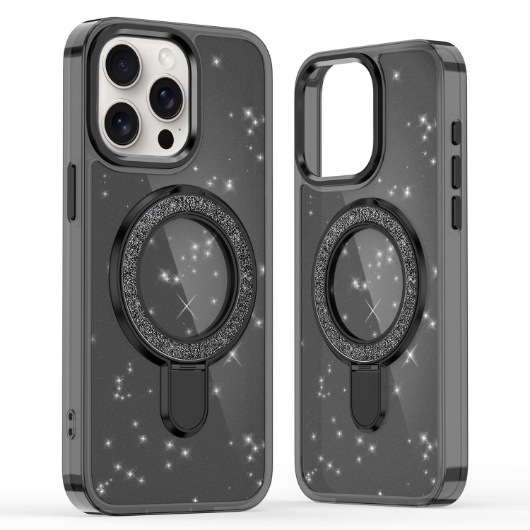 

For iPhone 16 Pro Glitter Ring Holder MagSafe Phone Case(Black)