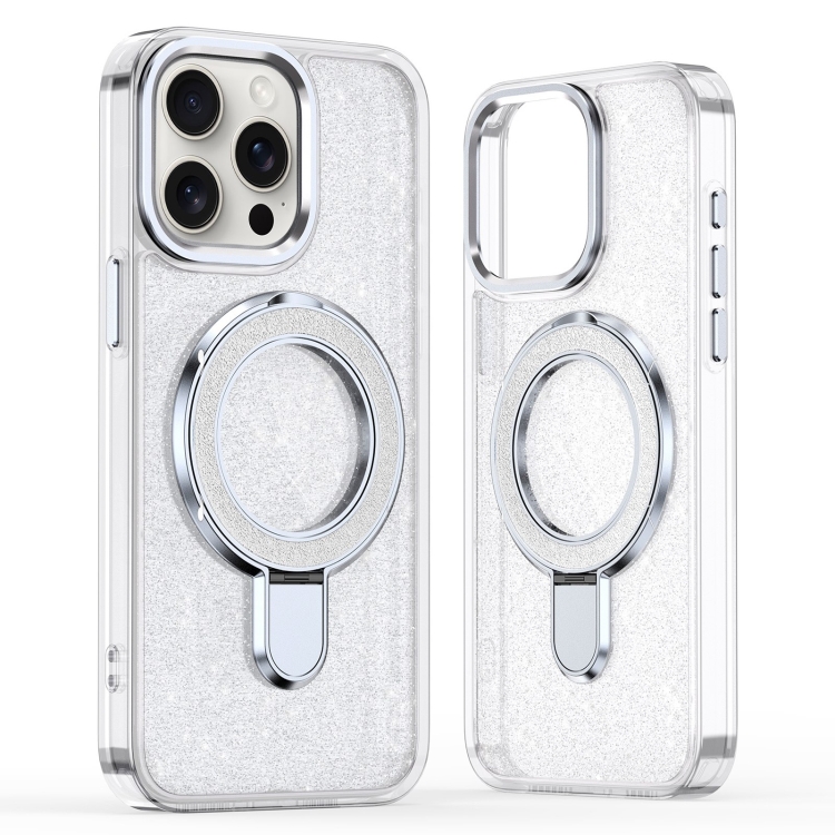 

For iPhone 16 Pro Glitter Ring Holder MagSafe Phone Case(White)