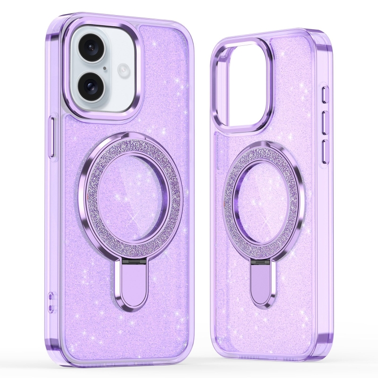 

For iPhone 16 Plus Glitter Ring Holder MagSafe Phone Case(Purple)