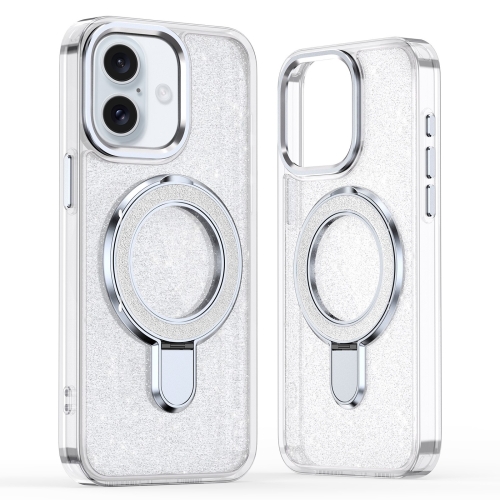 

For iPhone 16 Plus Glitter Ring Holder MagSafe Phone Case(White)