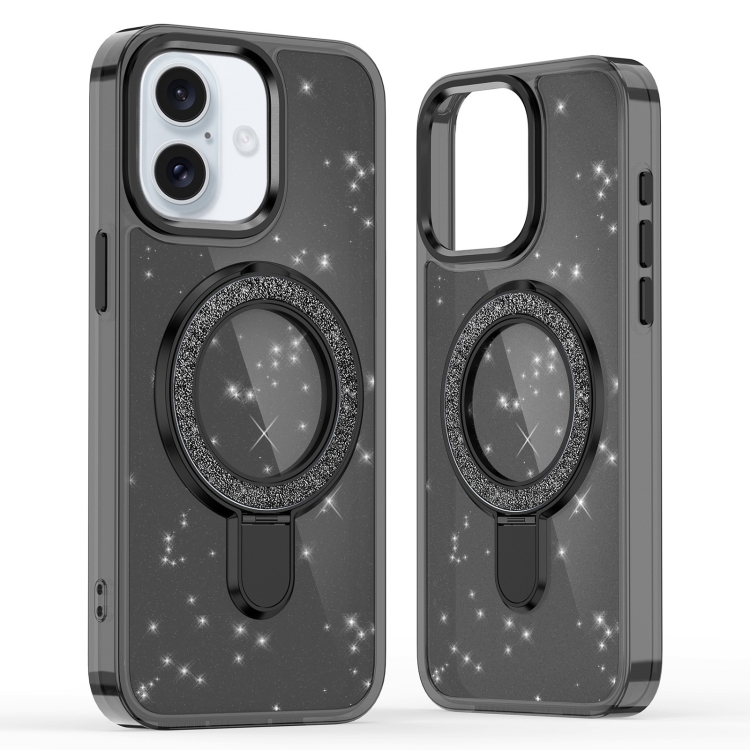 

For iPhone 16 Glitter Ring Holder MagSafe Phone Case(Black)
