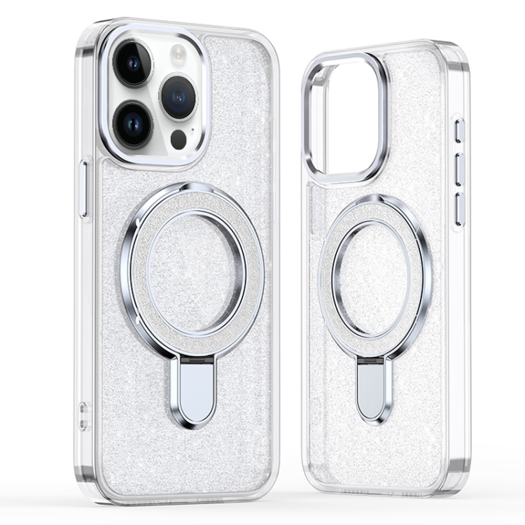 

For iPhone 15 Pro Glitter Ring Holder MagSafe Phone Case(White)
