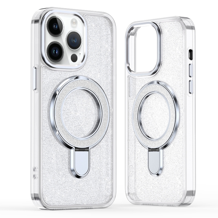 

For iPhone 13 Pro Glitter Ring Holder MagSafe Phone Case(White)