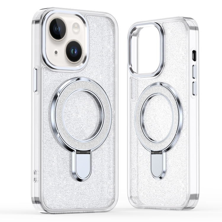 

For iPhone 15 Plus Glitter Ring Holder MagSafe Phone Case(White)