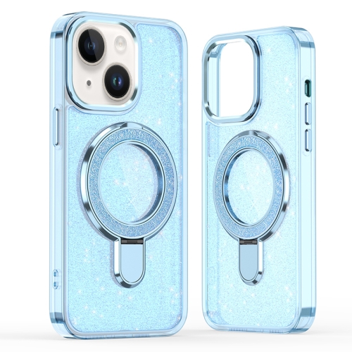 

For iPhone 14 Plus Glitter Ring Holder MagSafe Phone Case(Blue)