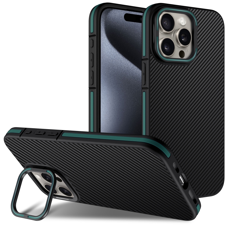 

For iPhone 14 Pro Max Carbon Fiber Texture Lens Holder TPU Phone Case(Green)