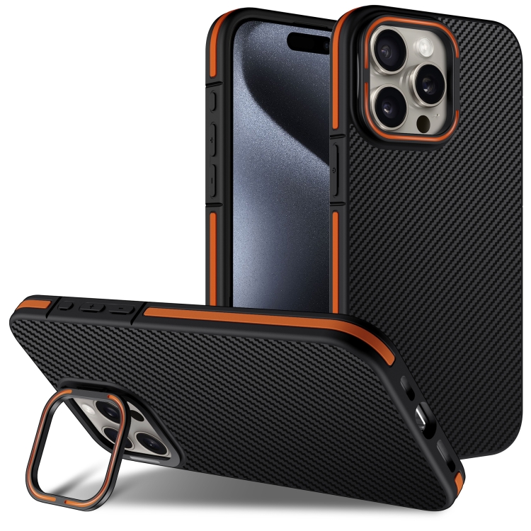 

For iPhone 15 Pro Max Carbon Fiber Texture Lens Holder TPU Phone Case(Orange)