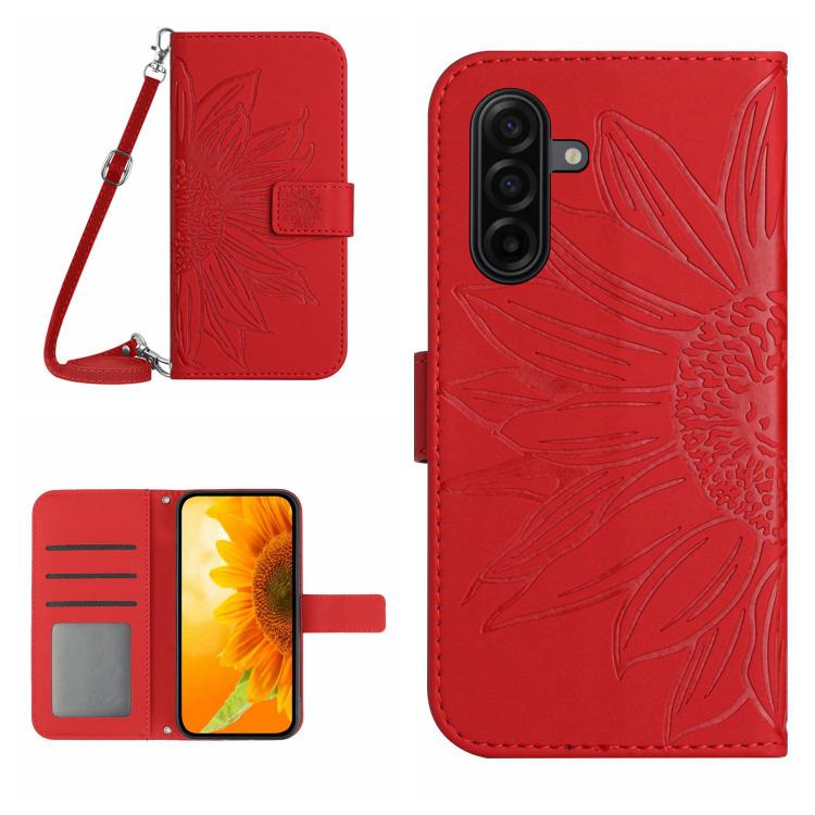 

For Samsung Galaxy A57 5G Skin Feel Sun Flower Embossed Flip Leather Phone Case with Lanyard(Red)