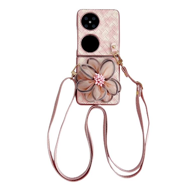 

For Huawei Pocket 2 Colorful Woven Pattern 3D Yarn Flower Phone Case with Lanyard(Pink)