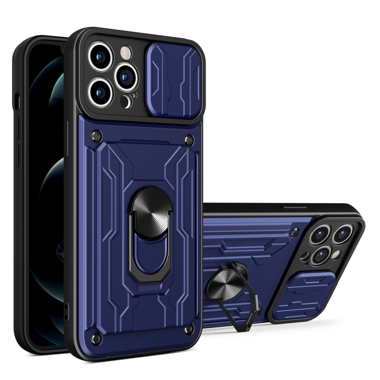 

For iPhone 15 Pro Max Sliding Camshield TPU+PC Phone Case with Card Slot(Blue)