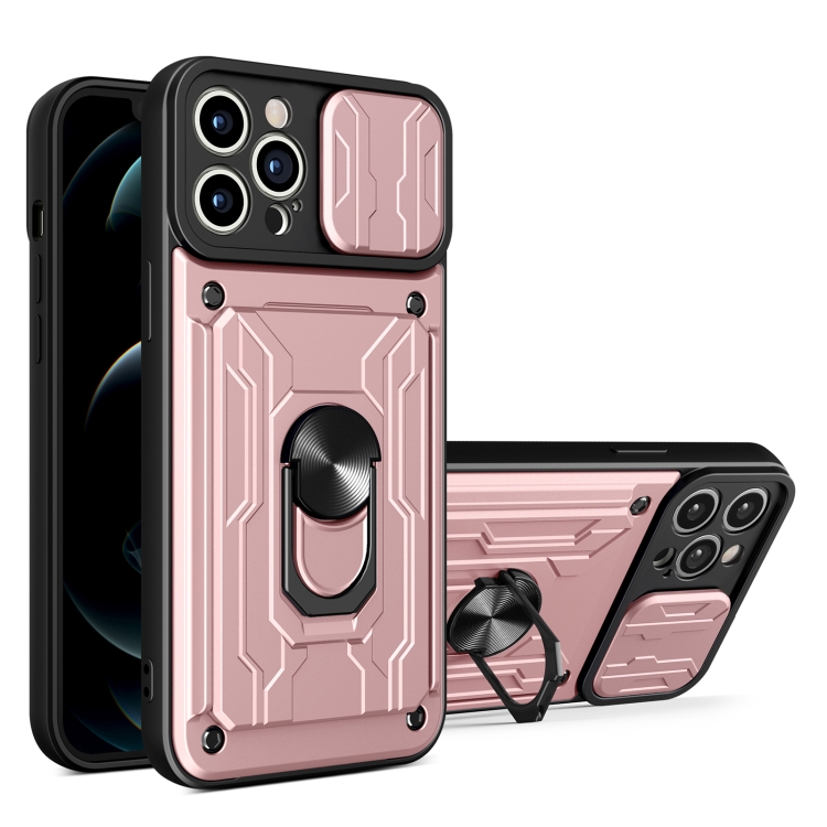 

For iPhone 15 Pro Max Sliding Camshield TPU+PC Phone Case with Card Slot(Rose Gold)