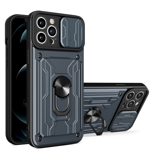 

For iPhone 15 Pro Max Sliding Camshield TPU+PC Phone Case with Card Slot(Grey)