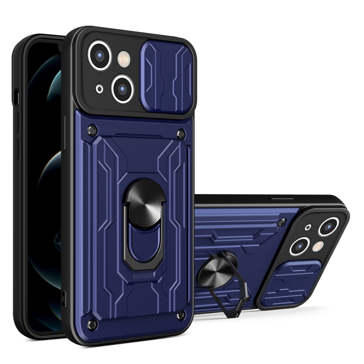 

For iPhone 15 Plus Sliding Camshield TPU+PC Phone Case with Card Slot(Blue)