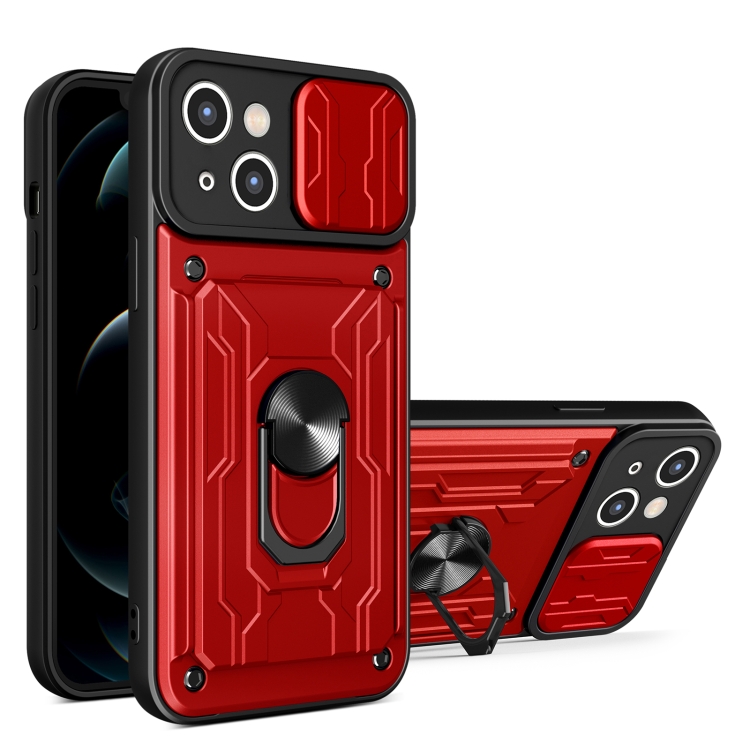 

For iPhone 15 Plus Sliding Camshield TPU+PC Phone Case with Card Slot(Red)