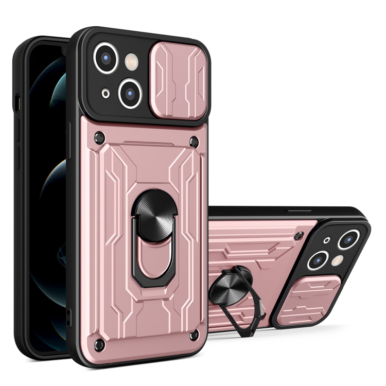 

For iPhone 15 Plus Sliding Camshield TPU+PC Phone Case with Card Slot(Rose Gold)