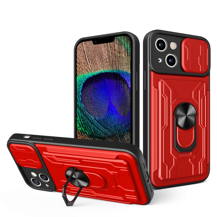 

For iPhone 15 Sliding Camshield TPU+PC Phone Case with Card Slot(Red)