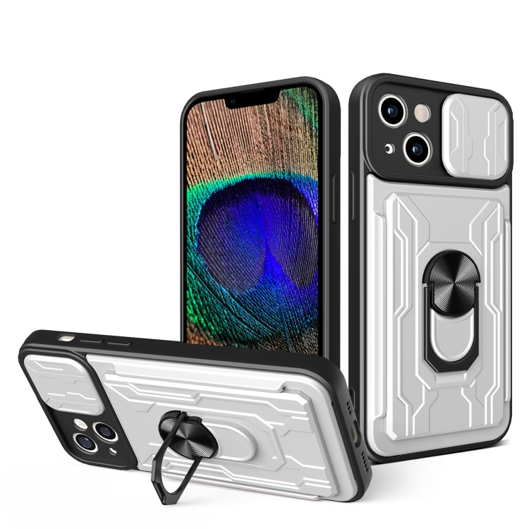 

For iPhone 15 Sliding Camshield TPU+PC Phone Case with Card Slot(White)