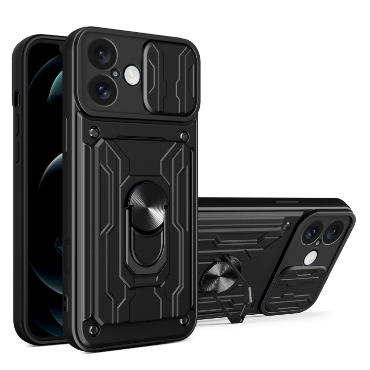 

For iPhone 16 Plus Sliding Camshield TPU+PC Phone Case with Card Slot(Black)