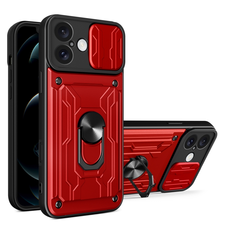 

For iPhone 16 Plus Sliding Camshield TPU+PC Phone Case with Card Slot(Red)