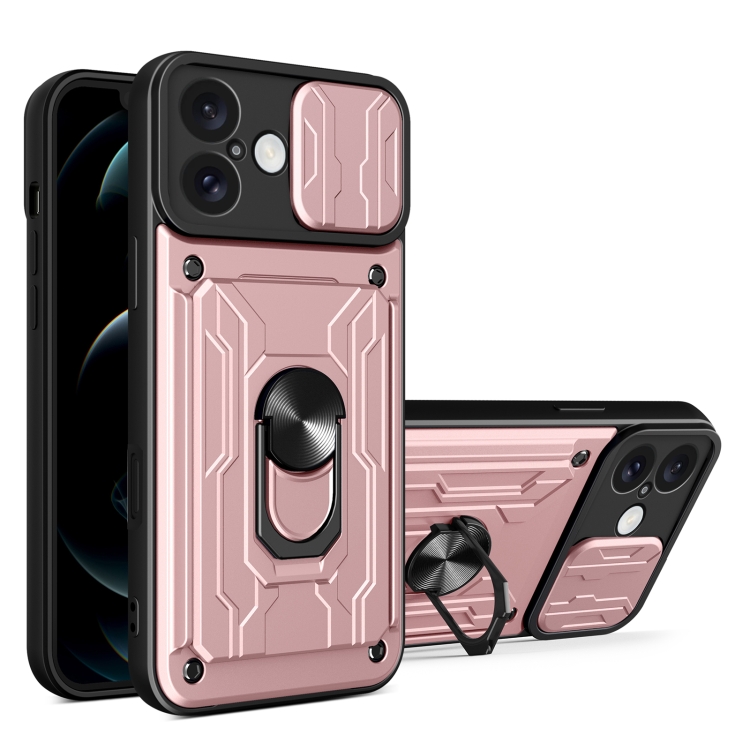 

For iPhone 16 Plus Sliding Camshield TPU+PC Phone Case with Card Slot(Rose Gold)