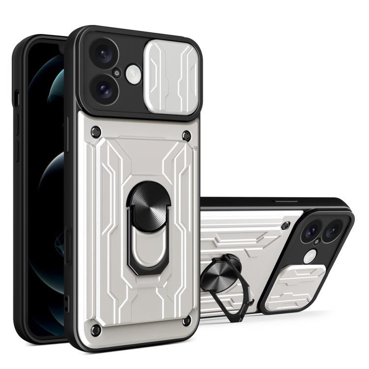 

For iPhone 16 Plus Sliding Camshield TPU+PC Phone Case with Card Slot(White)