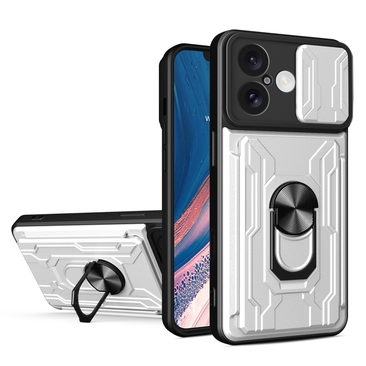 

For iPhone 16 Sliding Camshield TPU+PC Phone Case with Card Slot(White)