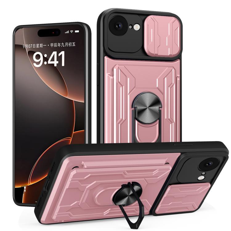 

For iPhone 16e Sliding Camshield TPU+PC Phone Case with Card Slot(Rose Gold)