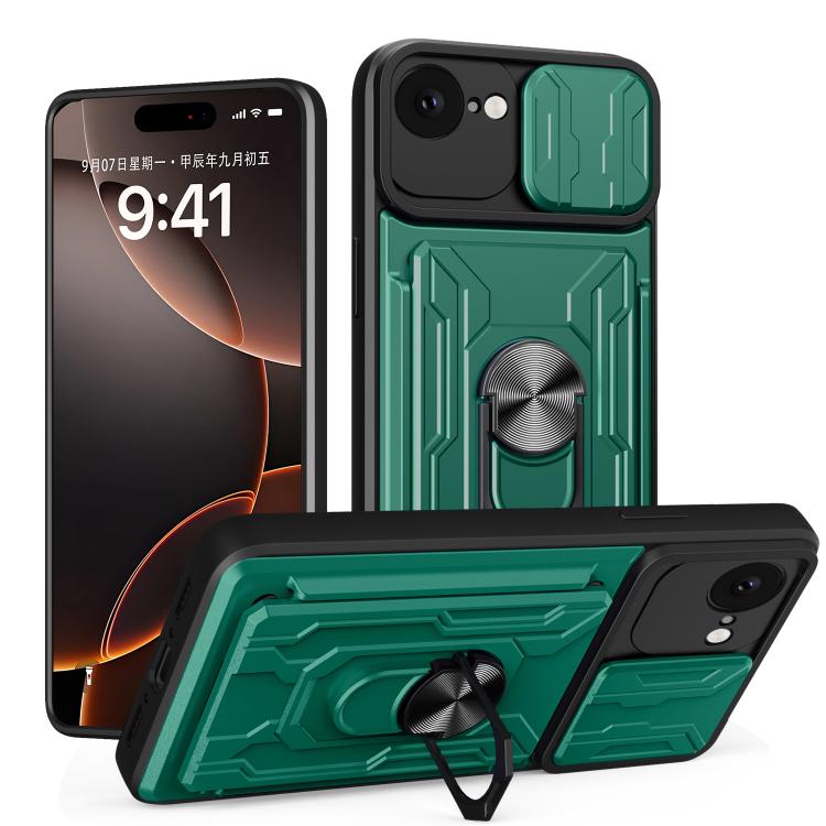 

For iPhone 16e Sliding Camshield TPU+PC Phone Case with Card Slot(Dark Green)