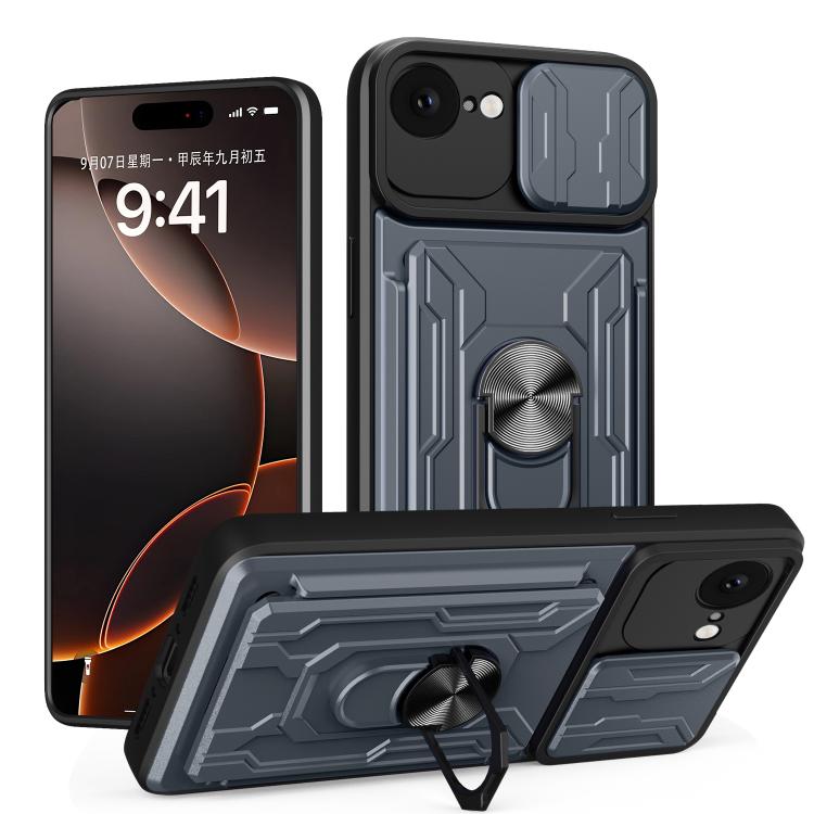 

For iPhone 16e Sliding Camshield TPU+PC Phone Case with Card Slot(Grey)