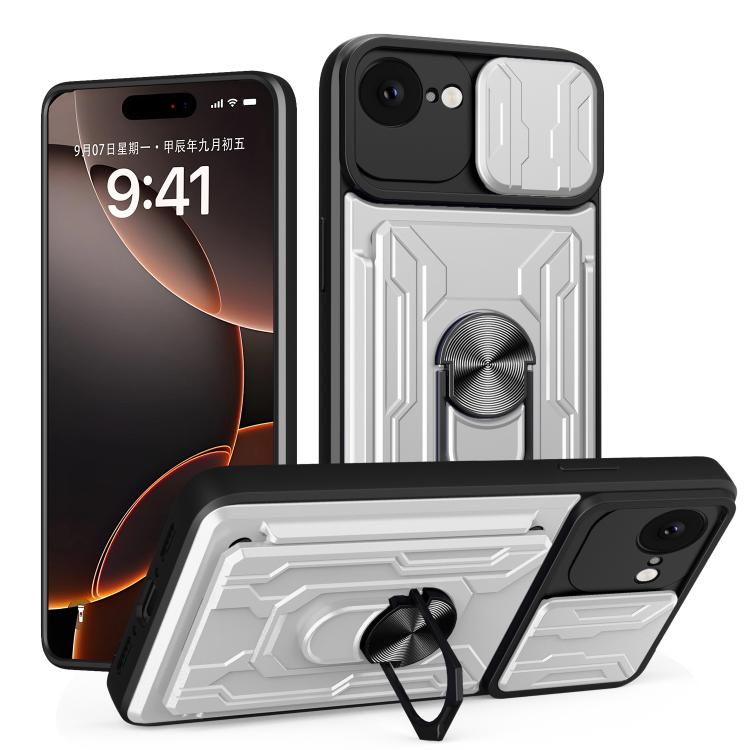 

For iPhone 16e Sliding Camshield TPU+PC Phone Case with Card Slot(White)
