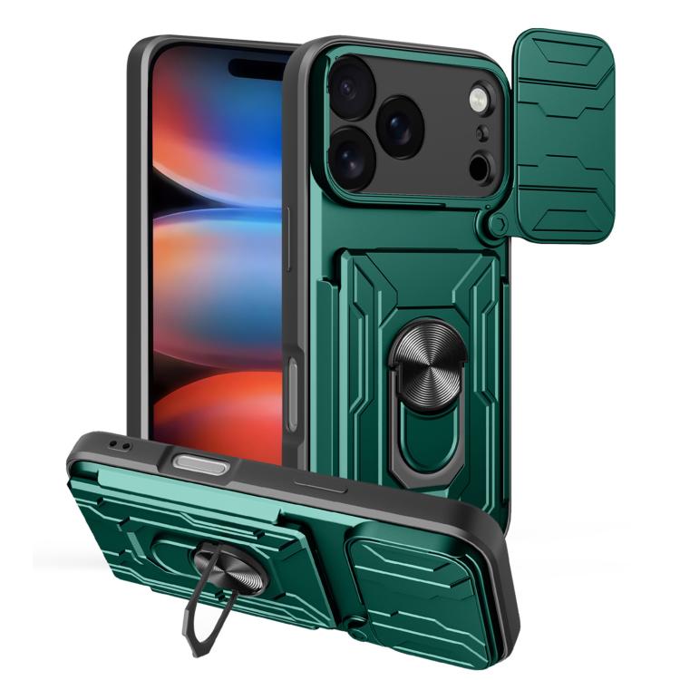 

For iPhone 17 Pro Sliding Camshield TPU+PC Phone Case with Card Slot(Dark Green)