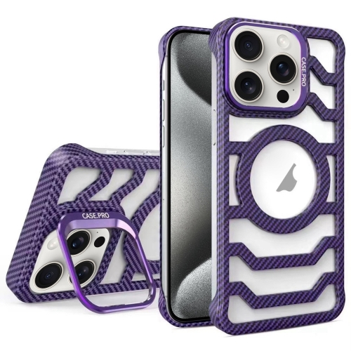 

For iPhone 15 Pro Max Borderless Carbon Fiber Lens Protection Bracket MagSafe Phone Case(Purple)