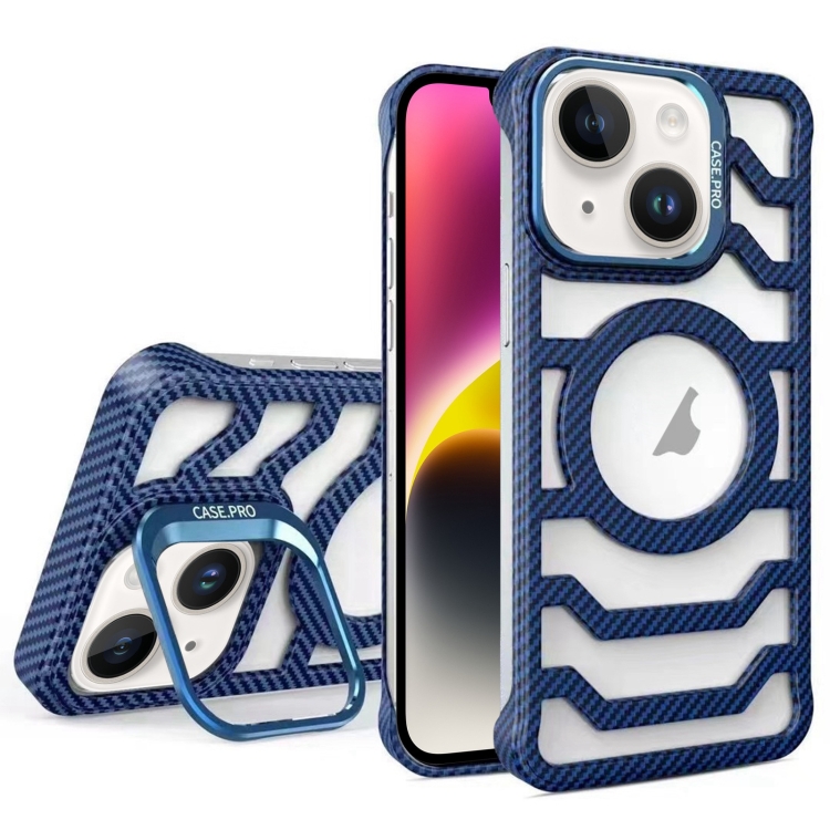 

For iPhone 14 Borderless Carbon Fiber Lens Protection Bracket MagSafe Phone Case(Blue)