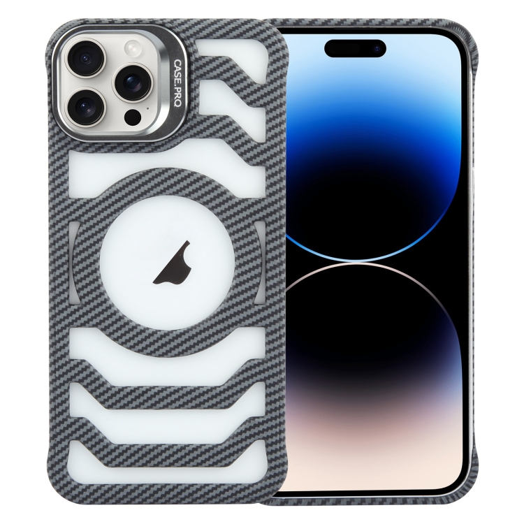 

For iPhone 14 Pro Borderless Carbon Fiber Lens Protection Bracket MagSafe Phone Case(Grey)