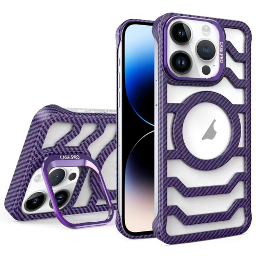 

For iPhone 14 Pro Borderless Carbon Fiber Lens Protection Bracket MagSafe Phone Case(Purple)