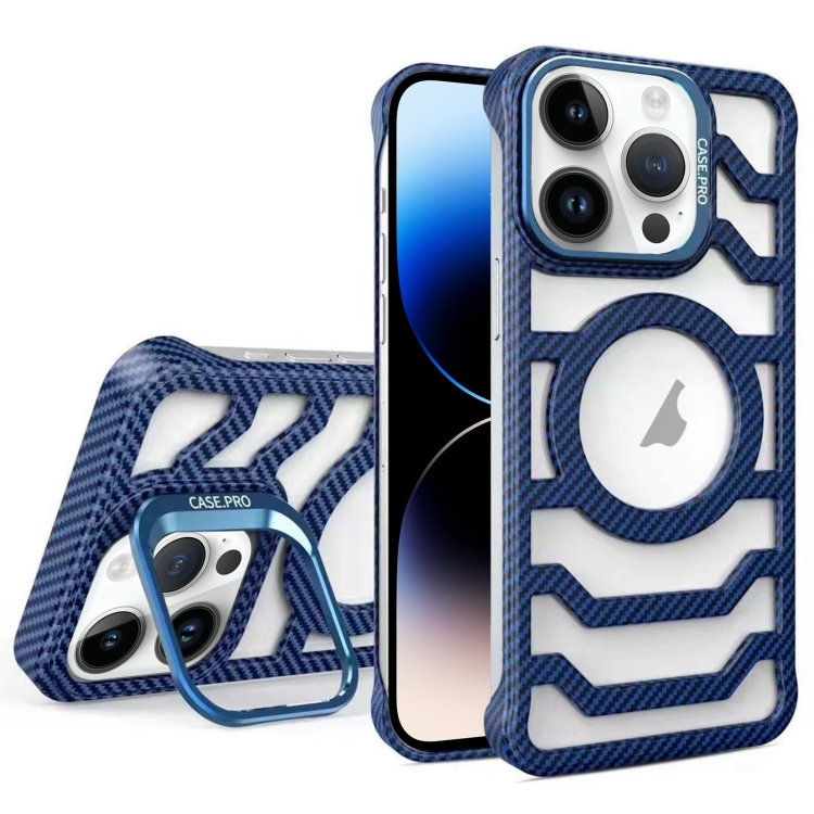 

For iPhone 14 Pro Max Borderless Carbon Fiber Lens Protection Bracket MagSafe Phone Case(Blue)