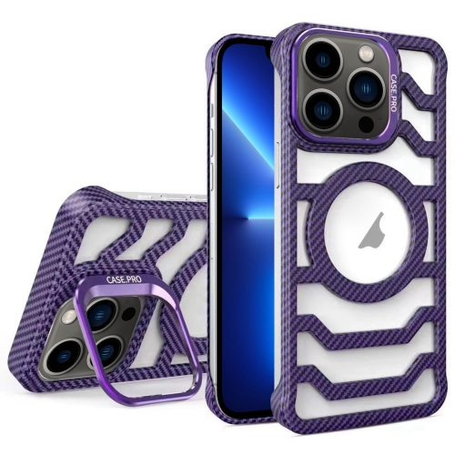 

For iPhone 13 Pro Borderless Carbon Fiber Lens Protection Bracket MagSafe Phone Case(Purple)