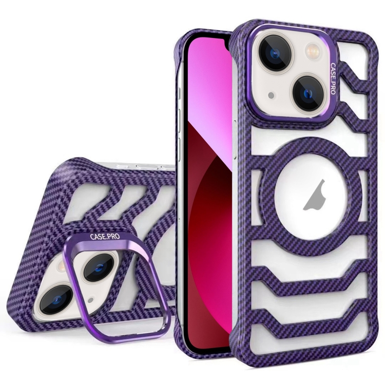 

For iPhone 13 Borderless Carbon Fiber Lens Protection Bracket MagSafe Phone Case(Purple)