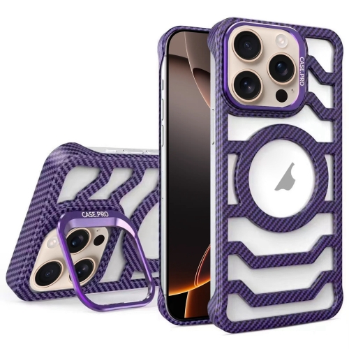 

For iPhone 16 Pro Borderless Carbon Fiber Lens Protection Bracket MagSafe Phone Case(Purple)