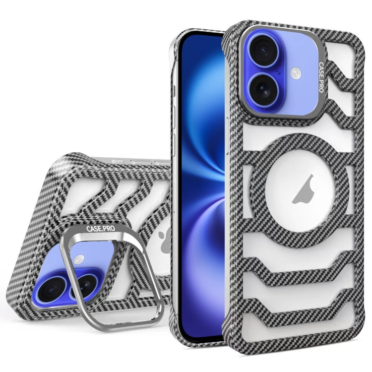 

For iPhone 16 Plus Borderless Carbon Fiber Lens Protection Bracket MagSafe Phone Case(Grey)