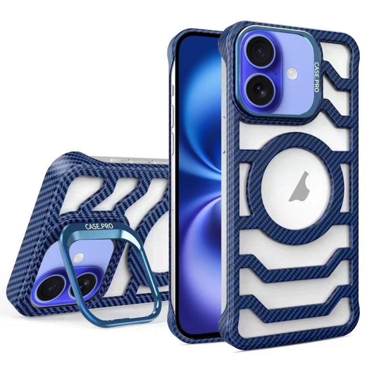 

For iPhone 16 Plus Borderless Carbon Fiber Lens Protection Bracket MagSafe Phone Case(Blue)