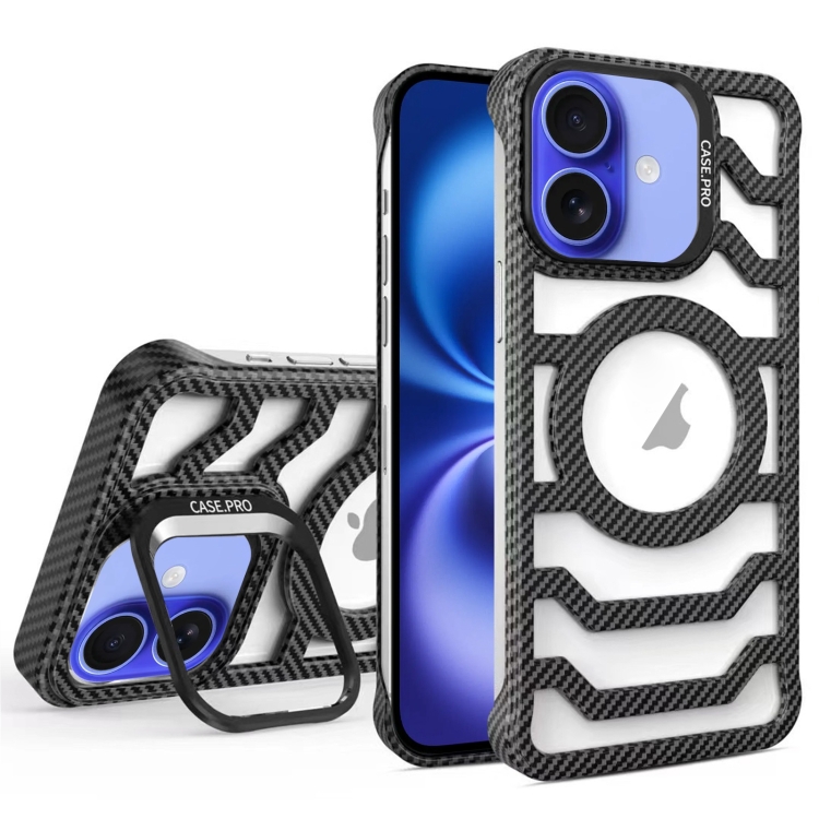 

For iPhone 16 Borderless Carbon Fiber Lens Protection Bracket MagSafe Phone Case(Black)