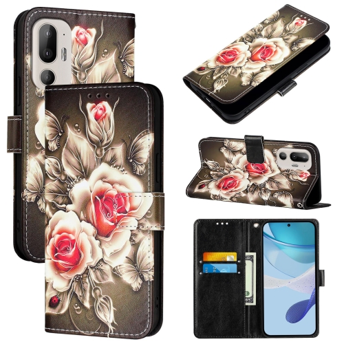 

For HTC U24 Pro Colored Drawing Pattern Plain Weave Leather Phone Case(Roses On Black)