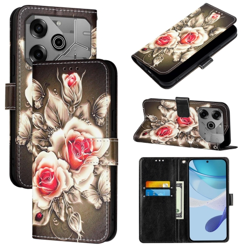 

For Tecno Pova 6 Neo Colored Drawing Pattern Plain Weave Leather Phone Case(Roses On Black)