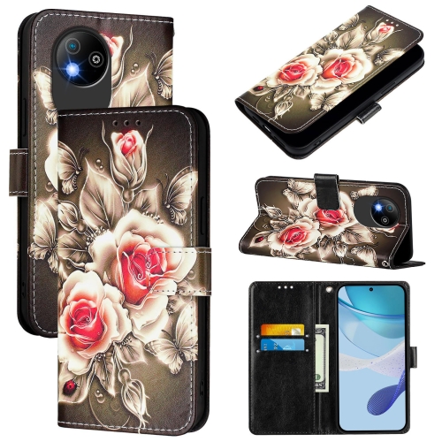 

For ZTE Blade A35 Lite / A35 Core Colored Drawing Pattern Plain Weave Leather Phone Case(Roses On Black)