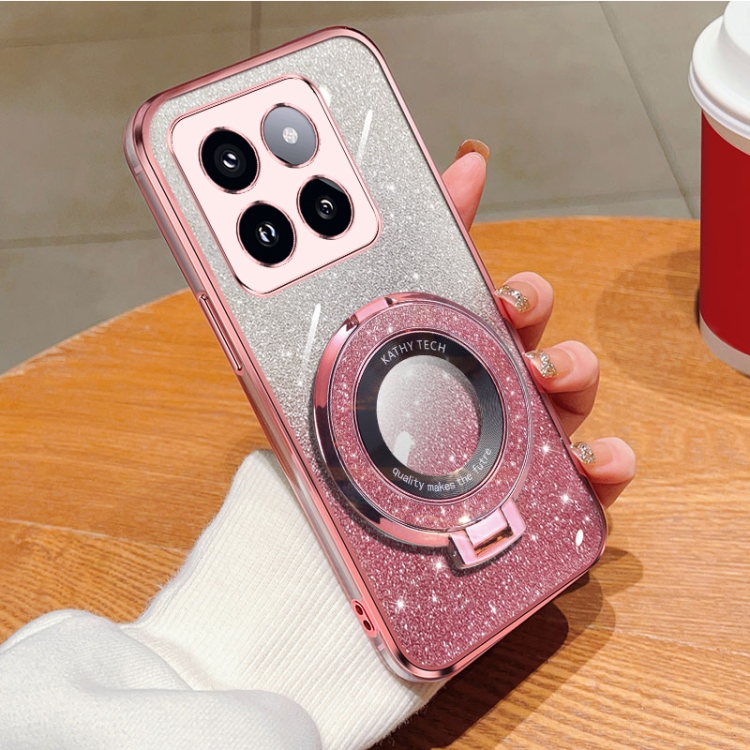 

For Xiaomi 14 Pro Plated Gradient Glitter Round Holder TPU Phone Case(Pink)