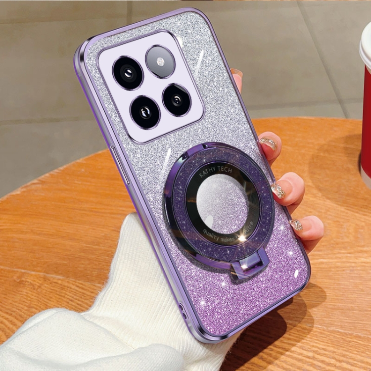 

For Xiaomi 14 Pro Plated Gradient Glitter Round Holder TPU Phone Case(Purple)