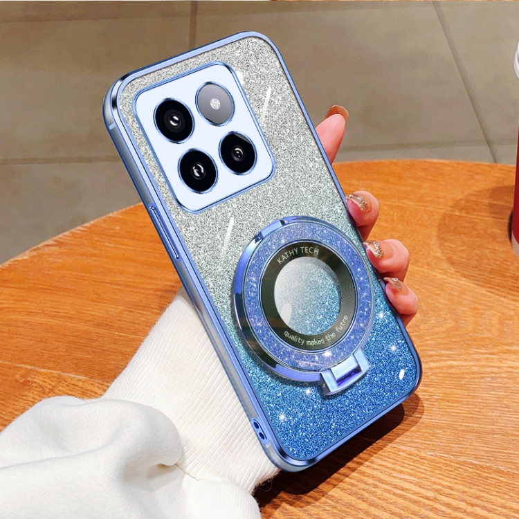 

For Xiaomi 14 Pro Plated Gradient Glitter Round Holder TPU Phone Case(Sierra Blue)