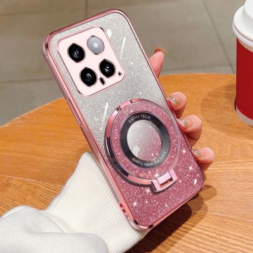 

For Xiaomi 14 Plated Gradient Glitter Round Holder TPU Phone Case(Pink)